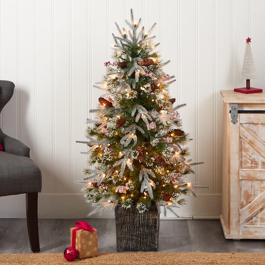 4ft. Pre-Lit Frosted Artificial Christmas Tree in Decorative Planter, White LED Lights